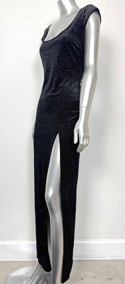 Vestido Mystic Para Mujer Pequeño Negro Brillo Terciopelo Vestido de Noche Abertura Espalda Baja EE. UU. Foto 3 de 4