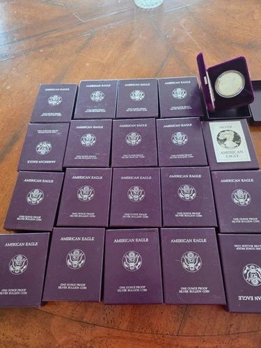 20 American Silver Eagle Proof Silver Dollars 1986-S 1 oz  .999  with Box & COA.