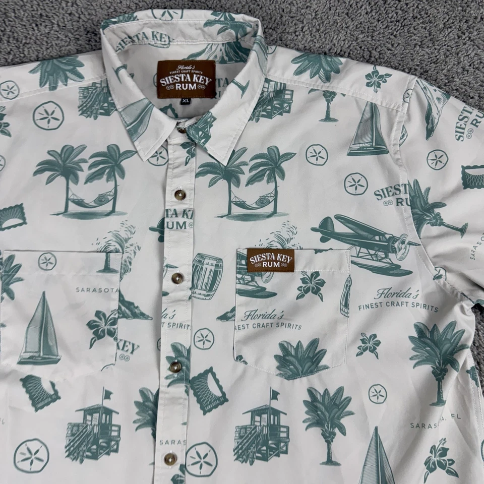 Siesta Key Rum Shirt Mens XL White Green Hawaiian Button Front Tropical Florida - Image 3 of 4