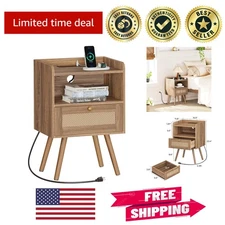 Versatile Rattan-Like Nightstand with Charging Station for Bedroom & Living Room