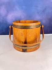 Firkin Wooden Bucket Sugar Swing Handle Metal Banded Primitive 7” Vintage