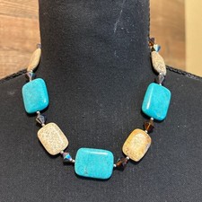 Chunky Turquoise Jasper Stone Statement Necklace Blue Tan Bohemian J125