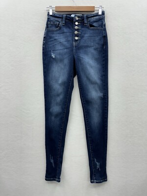 KanCan Women s 27 Button Fly Slightly Distressed High Rise Skinny Jeans