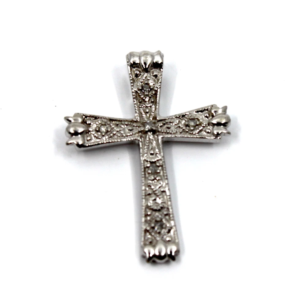 Diamond Textured Detailed Cross Pendant in 10K Solid  White Gold Unisex - Image 2 of 4