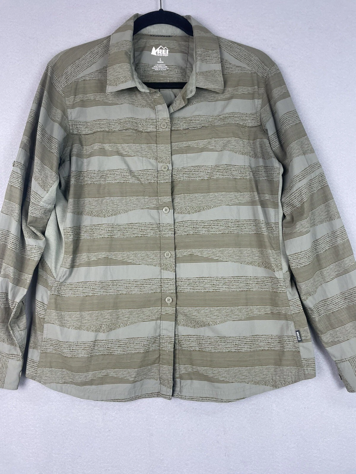 REI Long Sleeve Button Up Shirt Womens L Nylon Blend Side Panel Outdoor Hiking