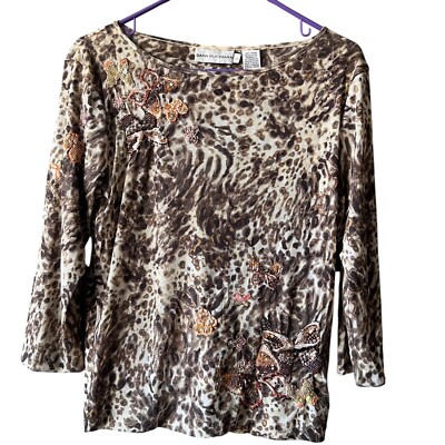 DANA BUCHMAN Cheetah Animal Print Top Womens Sz. Large Brown Sequin Butterfly