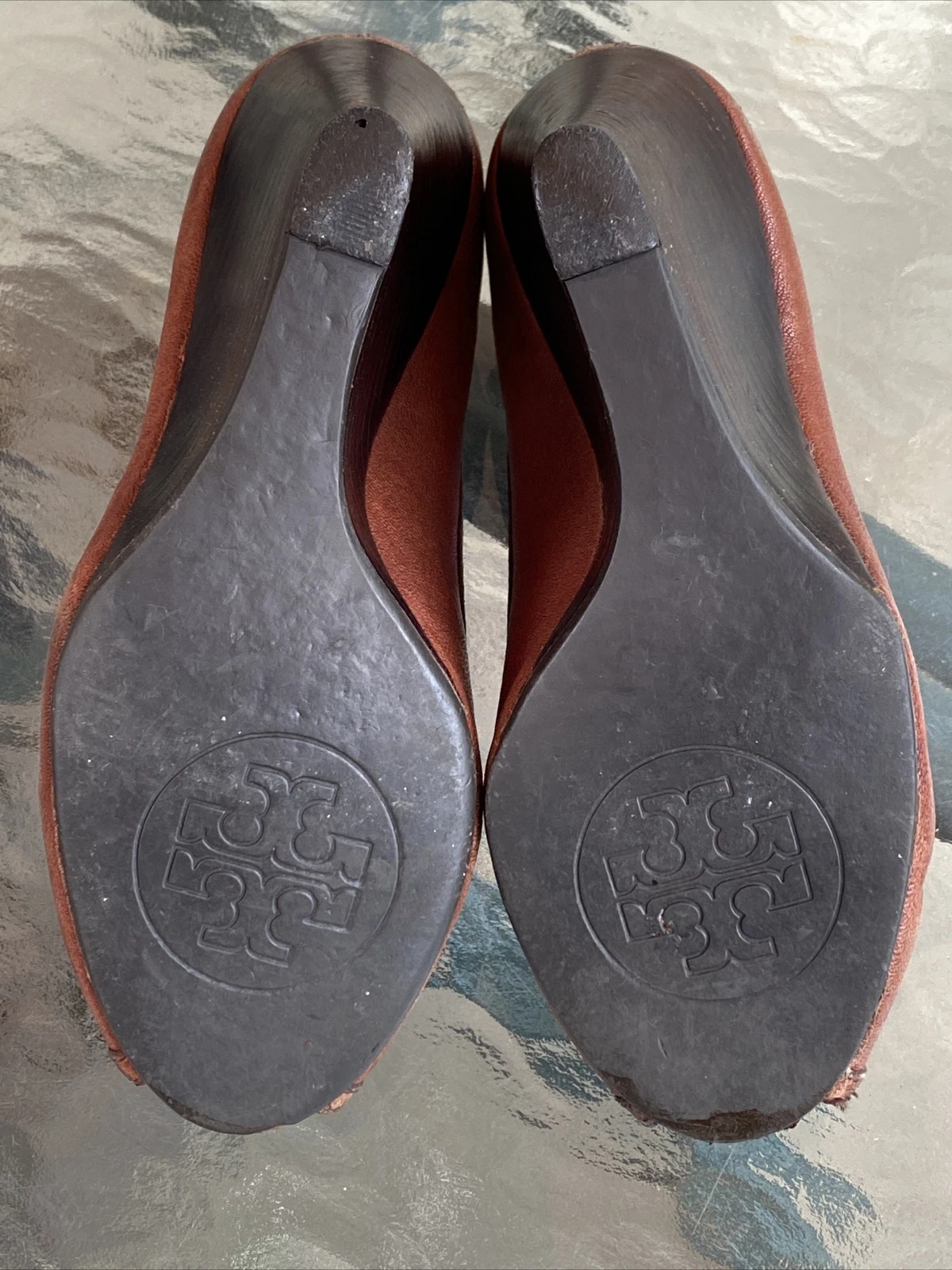 Scarpe tacco a zeppa Tory Burch Selma punta aperta 5 M marroni in pelle