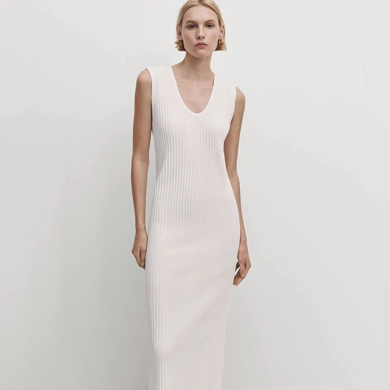 OFF WHITE Abito smanicato donna Massimo Dutti scollo a V aderente canotta maglia