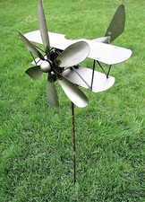 Heavy Duty Metal Bi Plane Airplane Spinner Propeller Yard Garden Stake Windmill