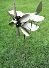 Heavy Duty Metal Bi Plane Airplane Spinner Propeller Yard Garden Stake Windmill