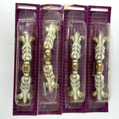 4 Vintage Ornate Metal Dresser Drawer Pulls Handles Gold White New Old Stock