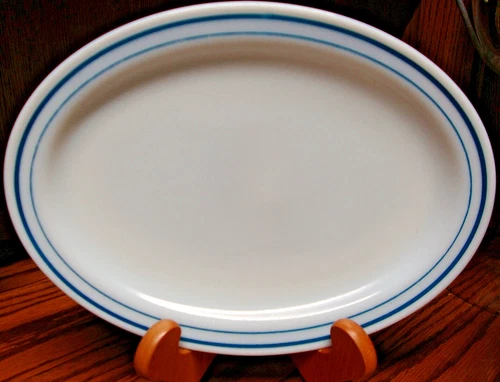 PYREX Tableware White Glass OVAL Serving Platter Teal Stripes-Vtg #799-38    i26