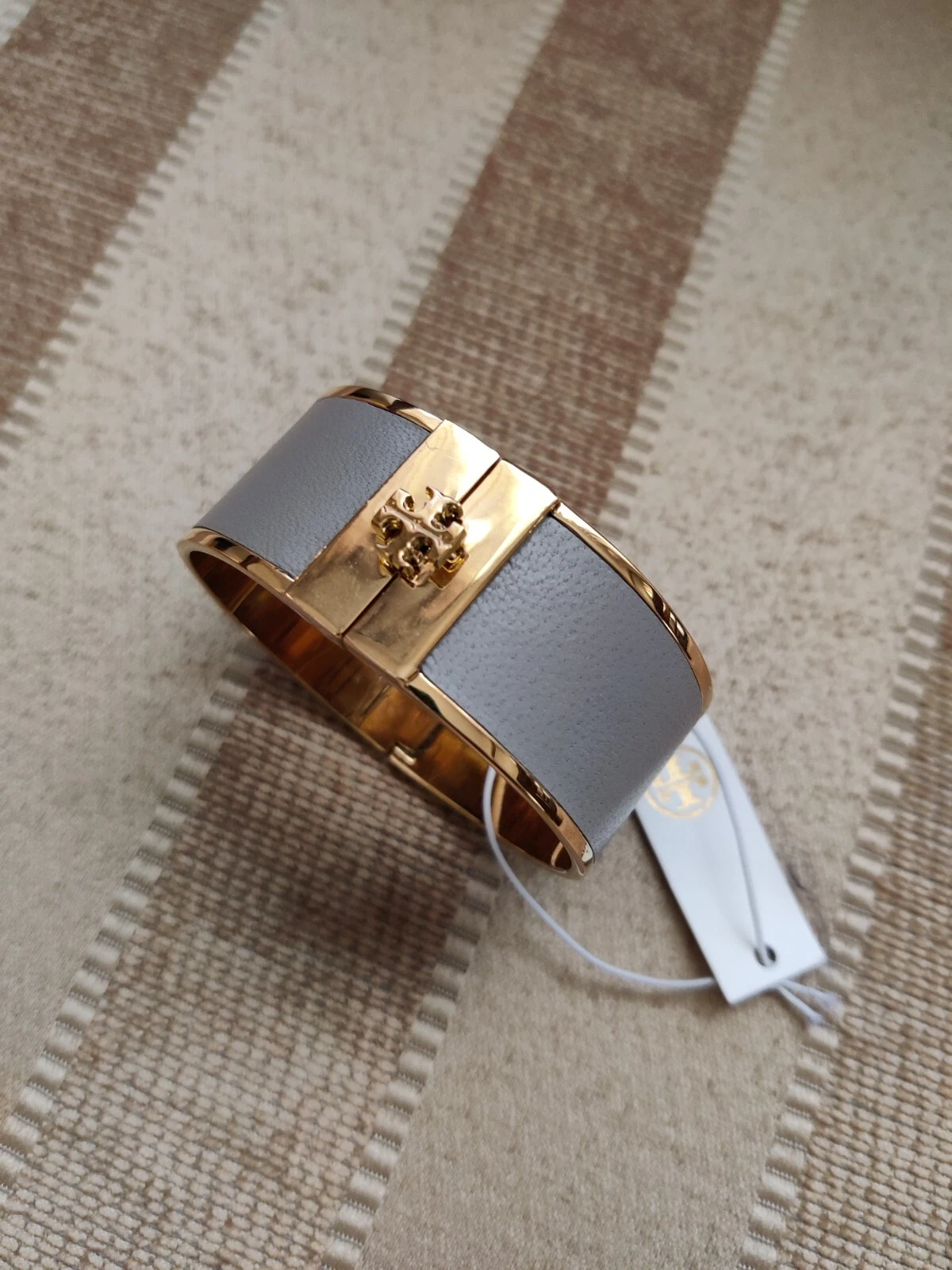 Bracciale A Cerniera Polsino Intarsio in pelle Tory Burch Nuovo con etichette $165 in grigio
