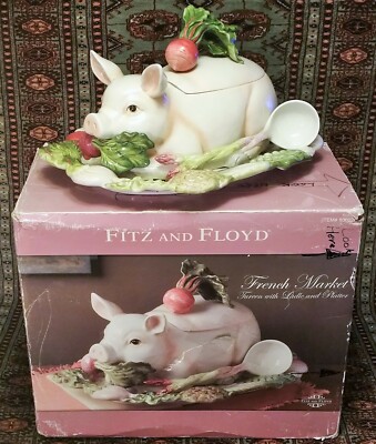 FF FRENCH MARKET vtg ceramic soup tureen bacon pork pig bowl platter fitz floyd