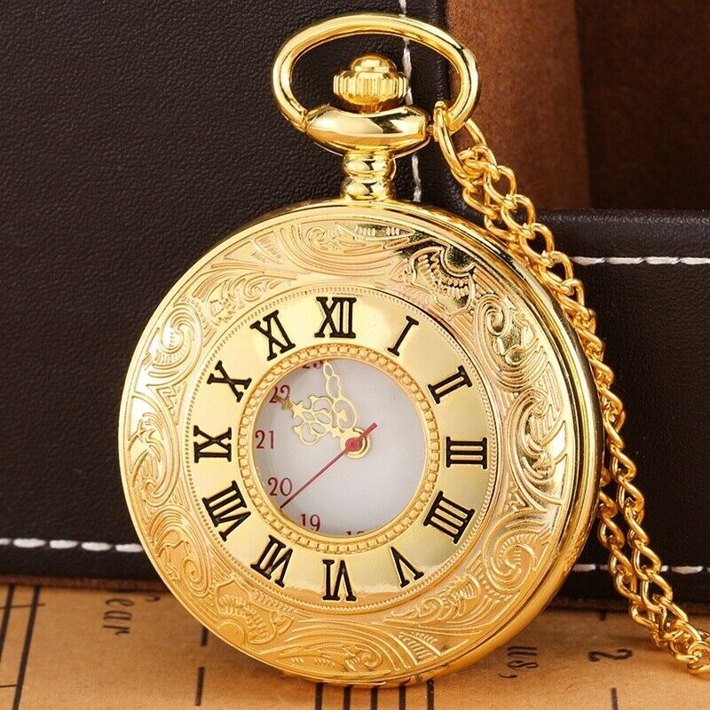 Elegant Unisex Roman Numeral Quartz Pocket Watch Necklace in Yellow Gold