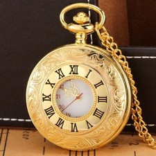 Luxury Yellow Gold Roman Number Unisex Quartz Analog Pocket Watch Necklace Chain