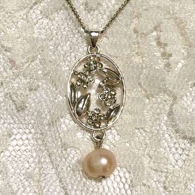 Champagne Faux Pearl Pendant Chain Necklace Silver Tone SAQ signed
