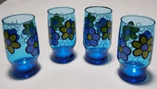 Libby Blue Flower Power Juice Glasses Set of 4 Vintage Retro EUC