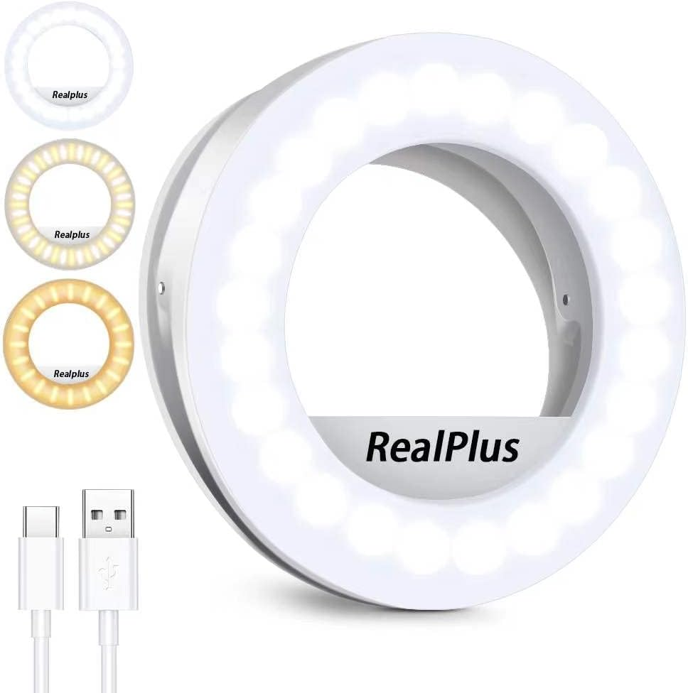 Clip-On Selfie Ring Light [Rechargeable] with 40 Leds and 3 Light Modes, Dimmabl