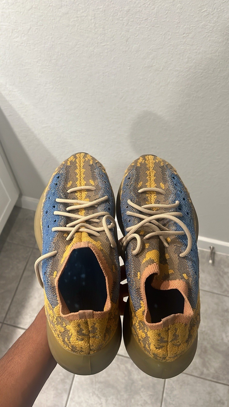 adidas Yeezy Boost 380 Blue Oat Men's Primeknit Lace Up Sneaker Blue Yellow Tan thumbnail 3