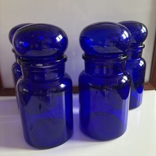 4x schöne Vintage Belgien Kobaltblau Glas Vorratsgläser mit Deckel aber OHNE Dichtungen