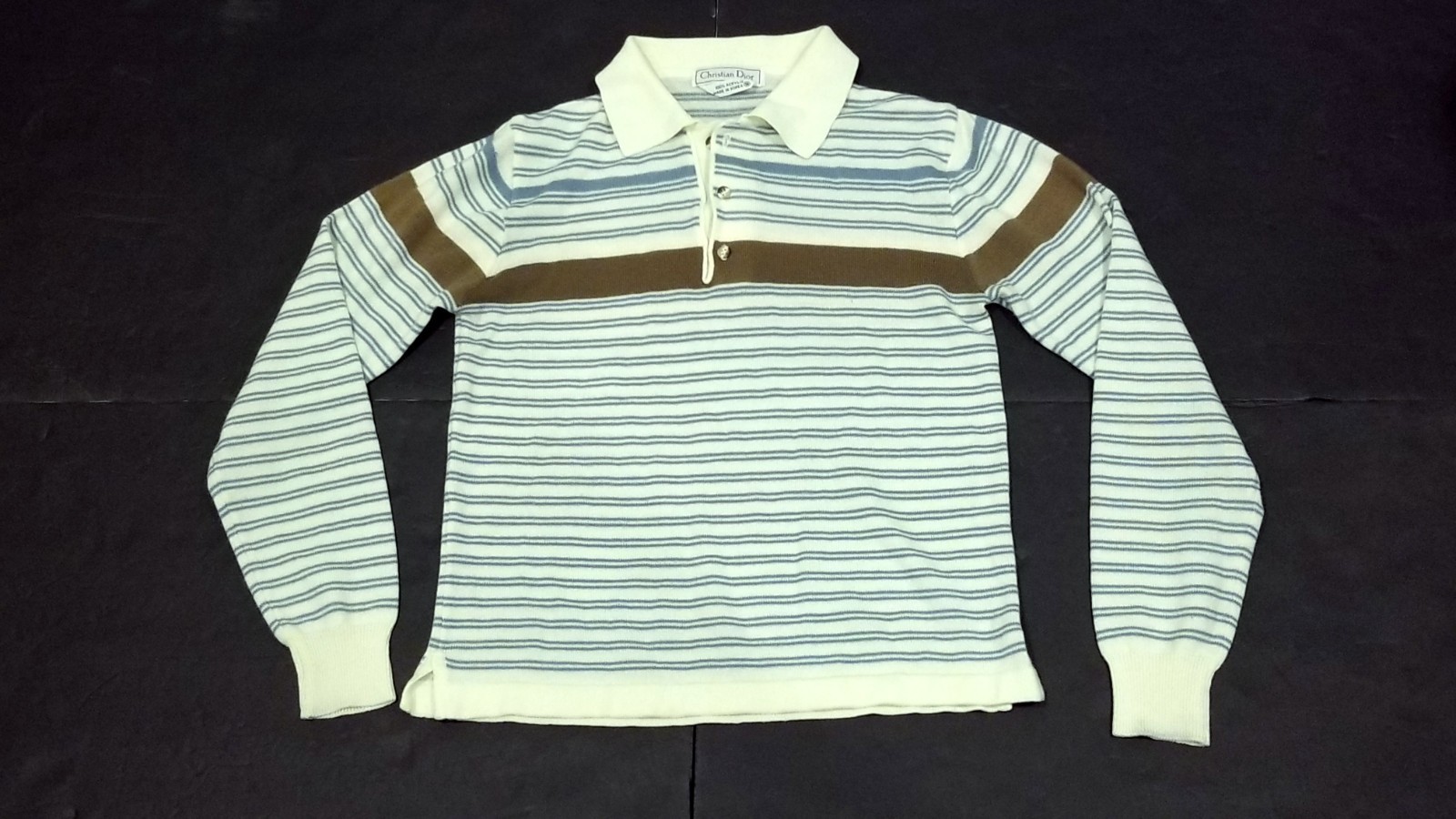 Christain Dior Vintage Korea Long Sleeve Blue Striped Polo Shirt Size Small
