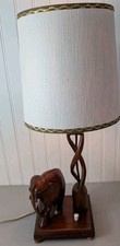 Vtg Hand Carved Wooden Elephant Table Lamp with Shade Safari Decor 22.5" Works