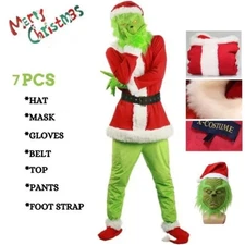 Christmas Grinch Costume Men Grinch Outfit Grinch Santa Suit 7PCS Costume- USA