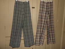 Two Pair Vintage 70s Plaid Trousers High Waist Wide Flare Leg 27" Waist 31" 32"L