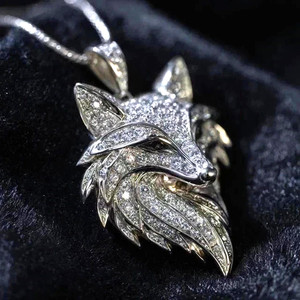 Authentic 2Ct Round Cut Moissanite Custom Animal Wolf Head Pendant 14K White Gold Plated