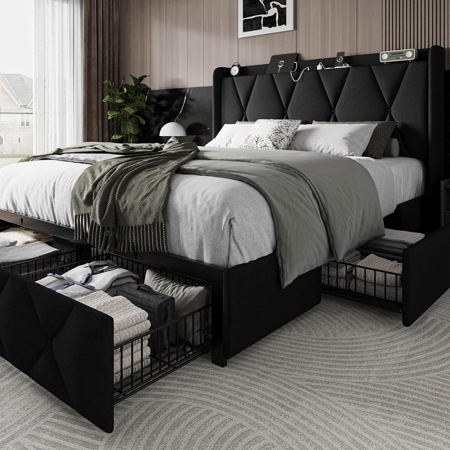 Upholstered Queen Bed Frame with 4 Storage Drawers and USB Charging Station