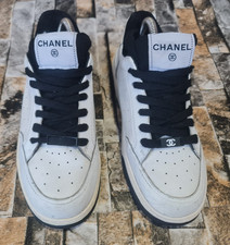 Chanel Grained Calfskin Fabric Womens Logo Black and White Sneakers EU Size 38