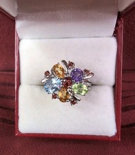 Vintage Stunning Multi Gemstone Sterling Silver 925 Flower Design Ring Size 7