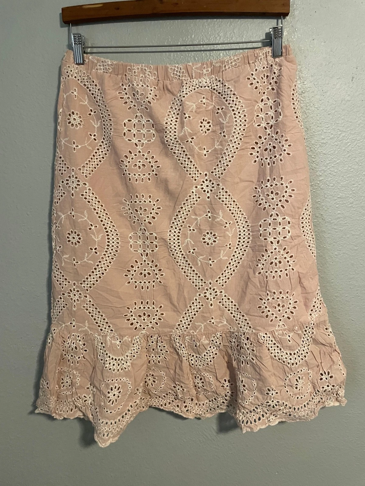 Adiva Skirt Womens Large Pink Eyelet Lace Midi Ruffle Hem Cotton Boho Fairy
