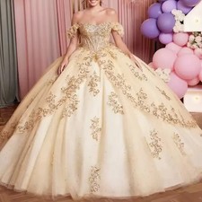 Queen Princess Bridal Ball Gowns Appliques Lace Off Shoulder Beading Corset Back