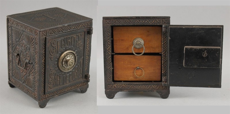 Antique 19thC Painted Cast Iron Combination Security Safe Bank, w/ Draws, NR