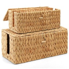 2 Pack Water Hyacinth Cable Management Box Cord Hider Organizer With Lid