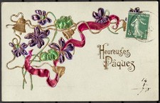 LE394 Greeting french postcard: Embossed Easter decoration with metallic foil