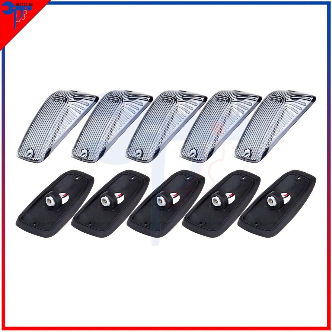5-Pack Smoke Cab Roof Marker Light Covers with Bases for GMC Chevy Trucks  