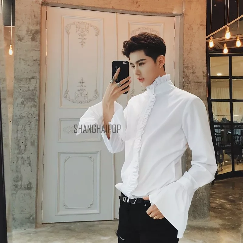Mens Punk Puff Sleeve Victorian Tops Gothic Shirt Collar Ruffle