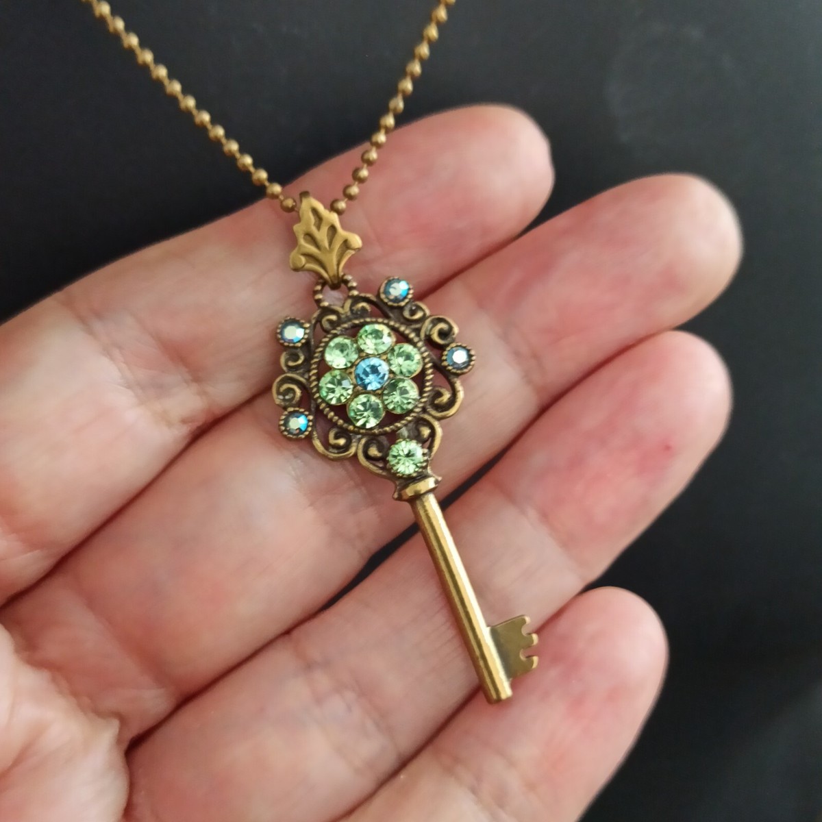 Michal Negrin Key Necklace Green Crystal Vintage Victorian Style