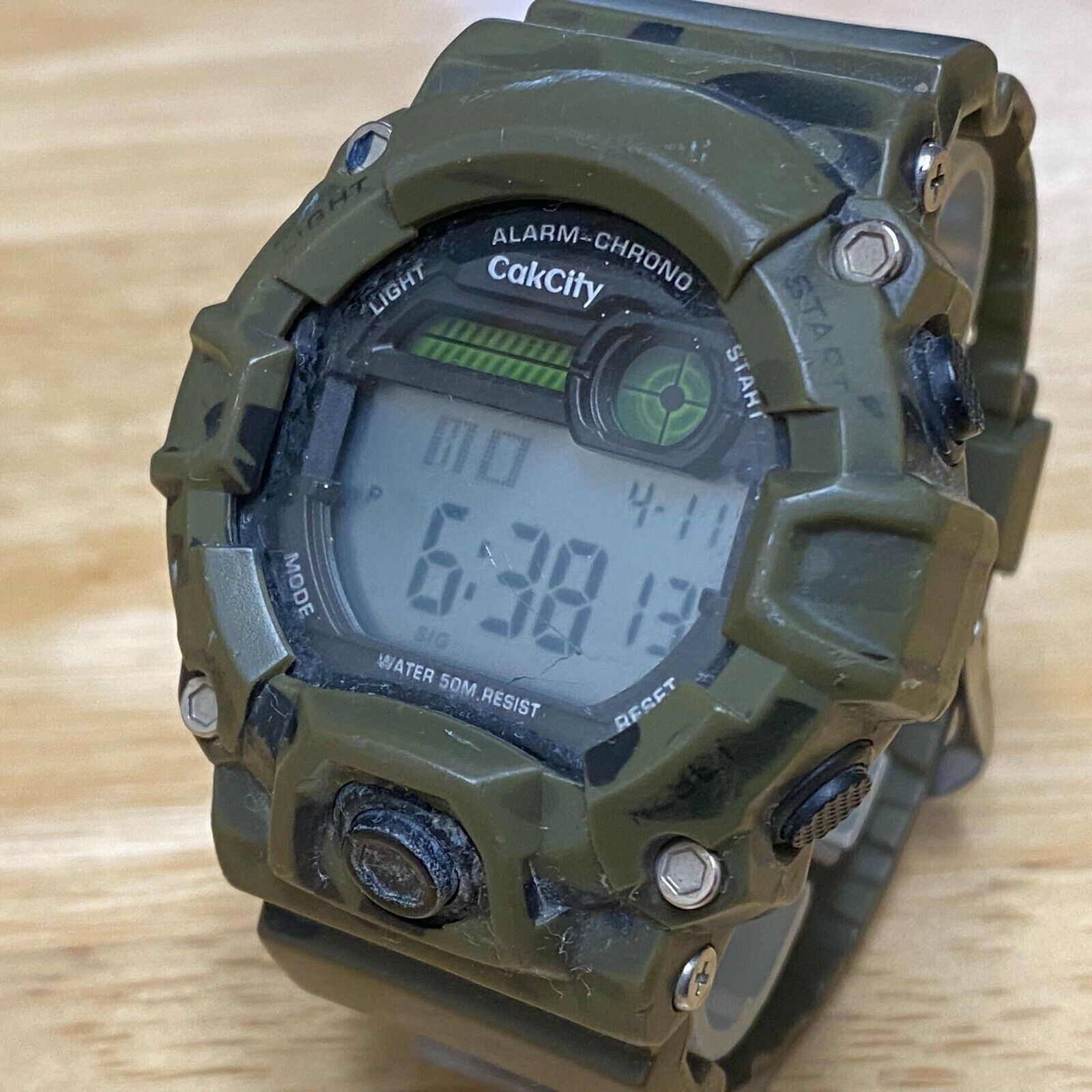 Cakcity Mens 50m Military Green Digital Quartz Alarm Chrono Watch~New Battery