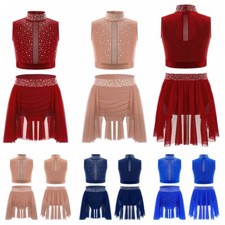Kids Girls Dance Outfit Lyrical Crop Top With Skirt Rhythmic Dress Irregular