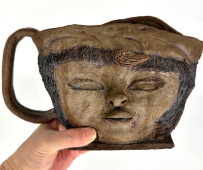 Studio Pottery Double Face Head Jug Hand Thrown Folk Art Sculptural Brown 9in