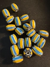 20 Vintage Chevron glass beads - (B1032) Yellow Blue 12mm Oval Indian