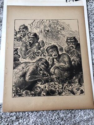 Vtg 1892 Art Print From Story Book Monkeys Chimpanzees Apes Enjoying Food
