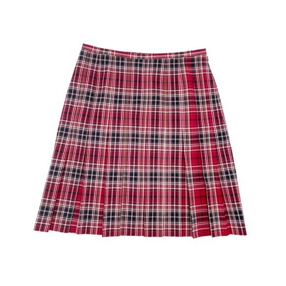 Vintage 90s City Silk Stretch Red Plaid Pleated High Waisted Mini Skirt  Size