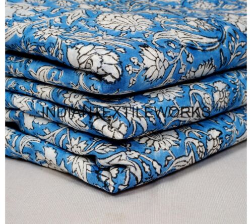 Hand Block Flower Print Cotton Fabric 5 TO 25 Yard Indian Pajama Material - Picture 3 of 5
