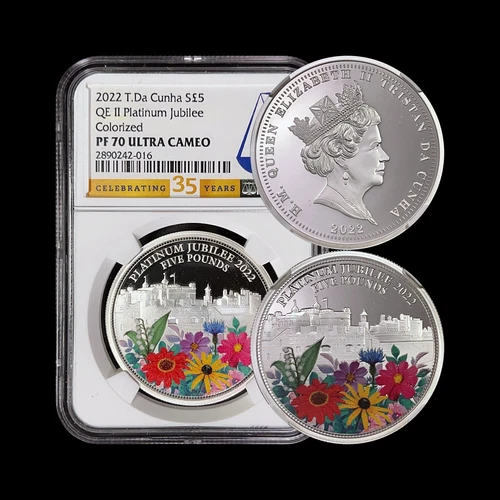 TRISTAN DA CUNHA. 2022 5 pounds, Silver - NGC PF70 - Top Pop 🥇 Platinum Jubilee