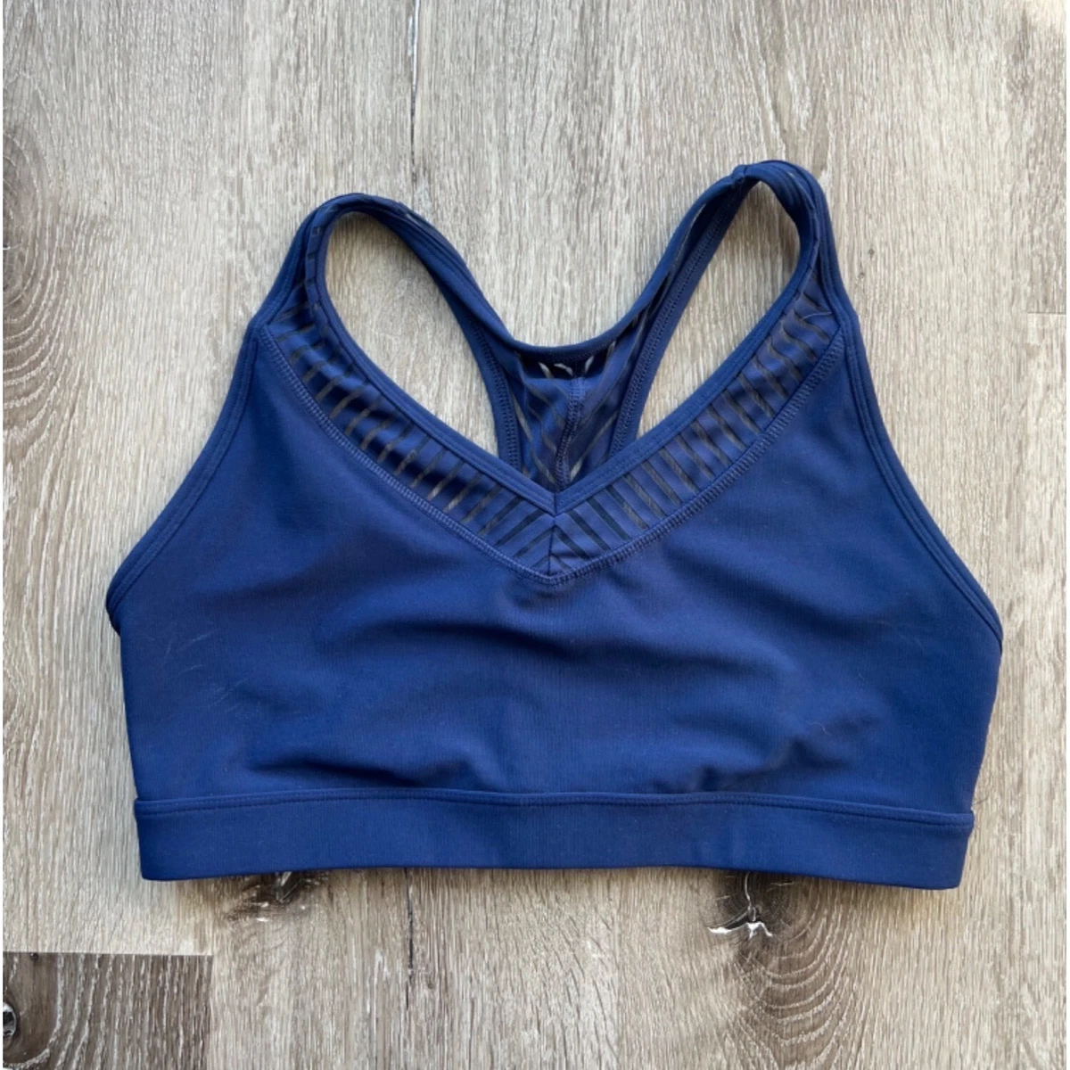 DIP sports bra navy blue racer back athletic mesh v neck plunge size L